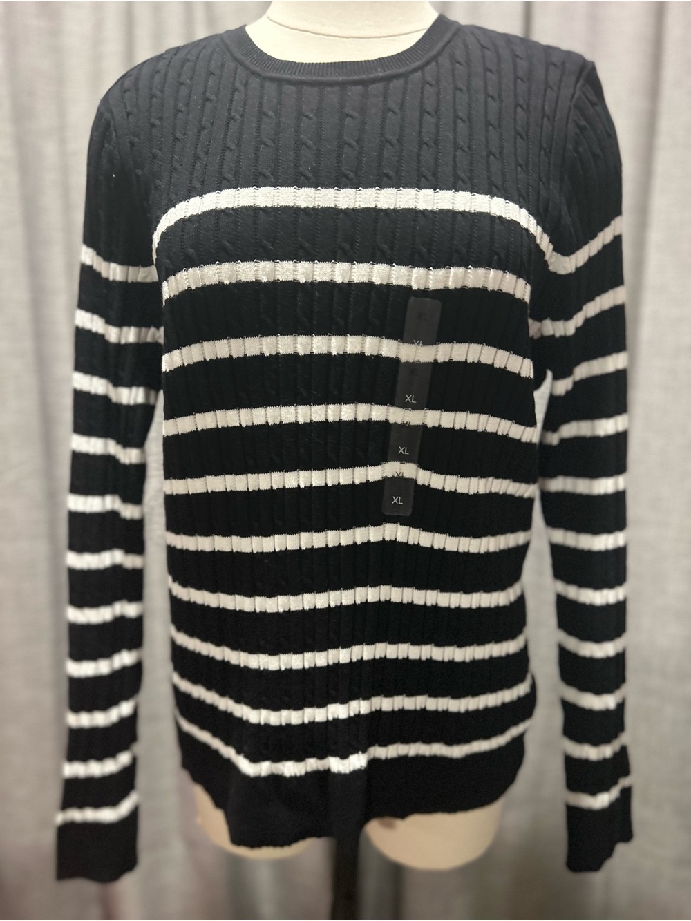 Kim Rogers Black and White Striped Cable-Knit Crewneck Sweater